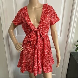 Zaful | Deep plunge red & white floral mini dress